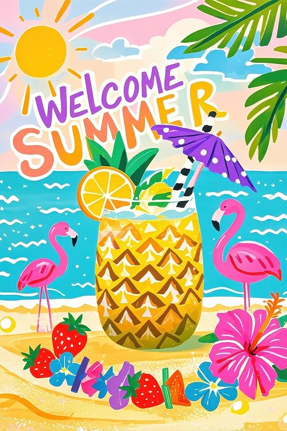 BlissYard Welcome Summer Garden Flag 12x18 Double Sided Flamingo Sunshine Hawaii Tropical Beach Holiday Garden Flags Welcome Summer Tropical Ocean Sea Yard Flag for Seasonal Outdoor Party Decoration