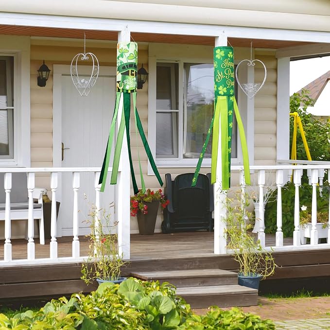 NOVWANG 2 Pieces St. Patrick's Day Windsock, 40 Inch Green Shamrock Outdoor Hanging Decorative for Balcony, Yard, Lawn, Patio, Garden