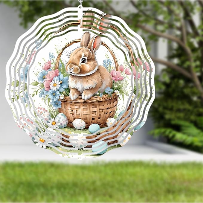 Easter Bunny Wind Spinner Easter Day Gifts 3D Metal Kinetic Hanging Wind Sculpture Spinners for Yard and Garden Indoor Outdoor Window Easter Rabbit Yard Art Garden Decoration 8 Inch (Bunny 4)
