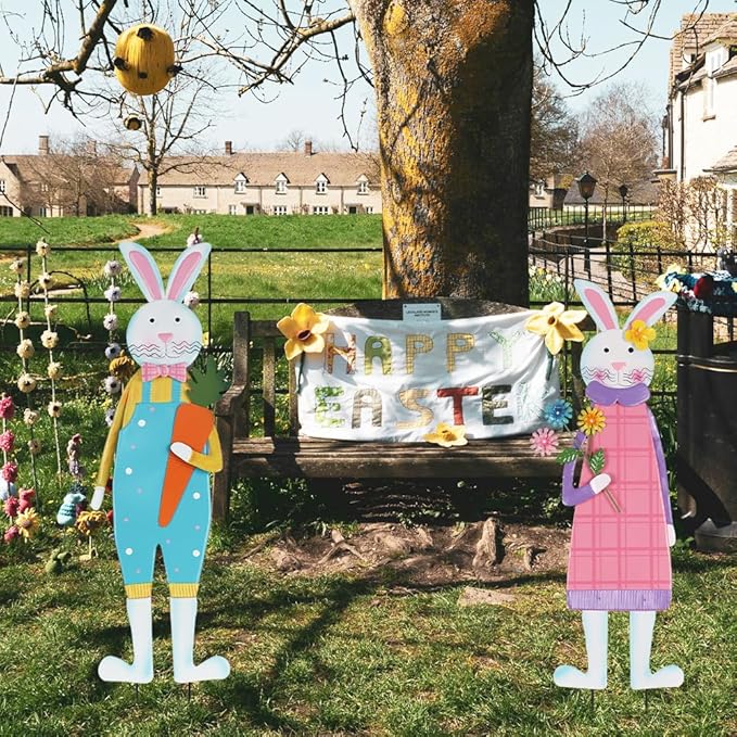 YEAHOME Easter Decorations Outdoor, Set of 2 Metal Bunny Decorative Garden Stakes for Easter Decor, Spring Rabbits Yard Stakes for Home Outside Front Door Porch Lawn Garden Backyard Decorations