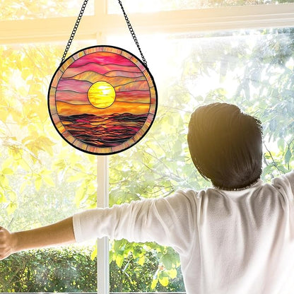 DASTOLL Stained Glass Window Hanging, Sunrise Sea Surface Sun Catchers Diamond Glass Panel Hangings Abstract Suncatcher Decor for Birthday for Women, Men, Wife, Aunt, and Mom 7.8 in