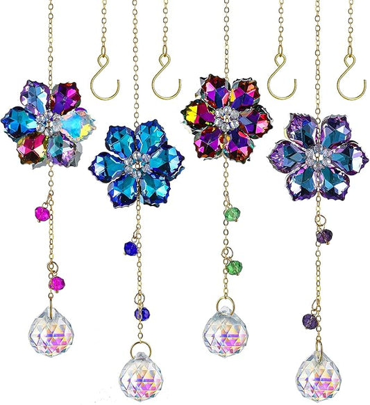 HDCRYSTALGIFTS 4pcs Crystal Flower Suncatchers for Window Hanging Christmas Tree Ornaments, Rainbow Maker Crystal Sun Catchers Indoor Window Outdoor Patio Garden Decor Gifts (1.7 * 10inch,Multicolor)