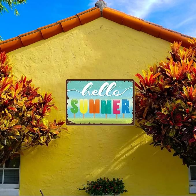 Hello Summer Door Sign Farmhouse Summer Decor Vintage Metal Sign for Home Wall Front Door Decorations 8x12 Inches