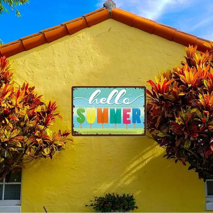 Hello Summer Door Sign Farmhouse Summer Decor Vintage Metal Sign for Home Wall Front Door Decorations 8x12 Inches