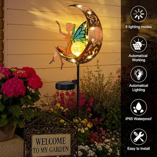ZKLiLi Garden Outdoor Decor, Fairy Moon Figurine Light Stake, Housewarming Ornament for Patio, Lawn, Yard, Pathway - Unique Gift Ideas for Gardening Mom Grandma