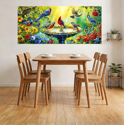 Garage door banner 157.5x70.9 inches large garage door cover outdoor spring garden decoration with bird pattern, garage door decoration with eyelets and rope, suitable for house exterior walls.