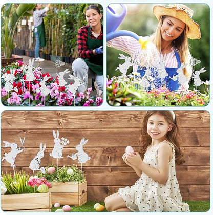 Leinuosen 5pcs Easter Bunny Garden Stakes 13 inch Metal Easter Yard Decor White Finish Outdoor Garden Stakes Bunny Silhouette Set for Lawn Planter Flower Pot Pathway Spring Decoration(White)