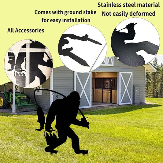 2025 Funny Bigfoot Garden Stake Metal Sign Art Yard Animal Decoration, Various Metal Sasquatch Black Big Foot Sculpture Outdoor Silhouette Statues for Garden Yard Patio Lawn (Fishing)