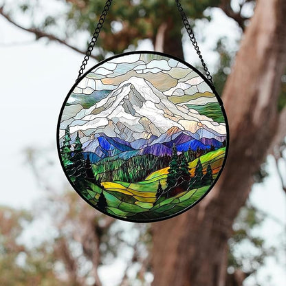 DASTOLL Stained Glass Window Hanging 4 Pcs Set Mountains Lake Green White Landscape 6.3" - Suncatcher Door Garden Sun Catcher Decor Birthday Christmas for Mom Woman Nana Men