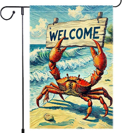 Welcome Crab Garden Flag Spring Summer Grden Flags Vertical Double Sided Small Burlap beach Patio Lawn Holiday Yard Outdoor Decorations 12x18 Inch