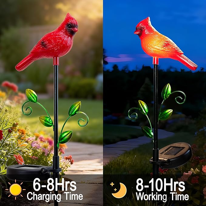 2 Pack Cardinal Garden Decor Red Bird Figurine Solar Lights Garden Stakes Decorative, Cardinal Outdoor Decor for Yard Patio Porch Lawn Ornaments Christmas Memorial Gifts Cemetery Decorations