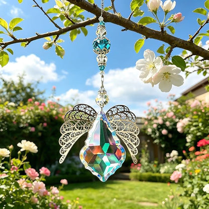 HDCRYSTALGIFTS 14'' Crystal Guardian Angel Suncatcher Rainbow Crystal Prisms Sun Catcher for Home Window Garden Hanging Decor Glass Angel Ornaments for Christmas Tree