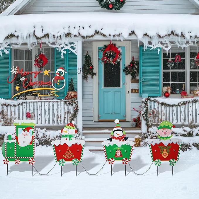 WONDER GARDEN Christmas Yard Stakes, 4 PCS LED Light Christmas Train Decor with Santa Claus, Snowman, Penguin and Elf Yard Signs Yard Decorations for Lawn Decorations