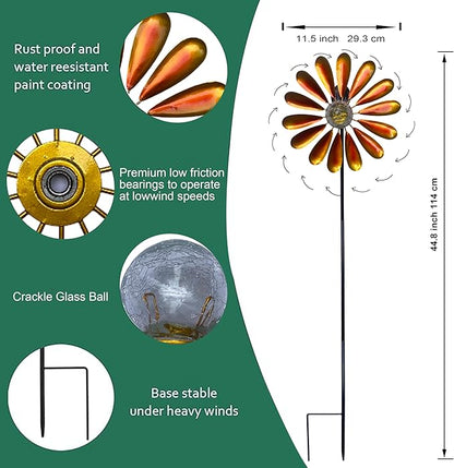 Solar Daisy Garden Wind Spinner, 44.48 Inch, Metal Stake Yard Wind Spinner with Solar-Powered Warm White LED Glass Globes and Dynamic Spinning Windmill for Yard Decor. Orange