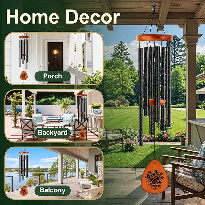 37" Matte Textured Aluminum Wind Chimes for Outdoor Patio & Garden – Large Modern Black Wind Chime with Deep Soft Tone, Thoughtful Home Gift (Black, 37")