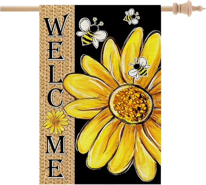 CROWNED BEAUTY Spring Summer House Flag Daisy Bee Double Sided 28x40 Inches Large Burlap Welcome Holiday Seasonal Yard Decoration for Outside Porch