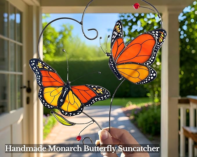 Monarch Butterfly Gifts for Grandma & Mom, Butterflies Suncatcher Stained Glass Window Hanging, Real Handmade Sun Catcher Indoor Window, Decorations in Garden Decor Ornament for Mother