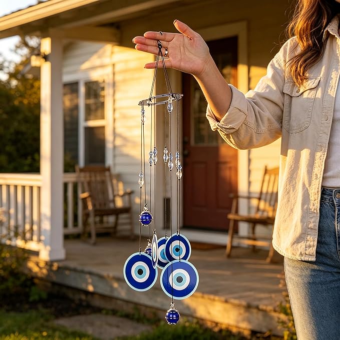 YU FENG Blue Evil Eye Wind Chimes for Outside 19" Hanging Ornament Metal Windchimes Outdoors Garden Decoration