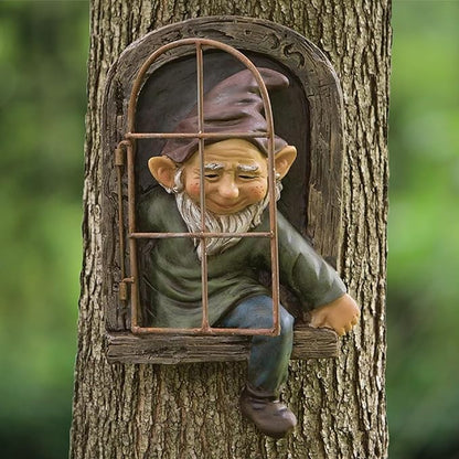 Elenon Gnome Big Tree Faces Garden Decor, 13 inch Gnome Coming Out of Tree Outdoor Decorations, Fairy Elf Hugger Whimsical Peeker Sculpture Yard Patio Art