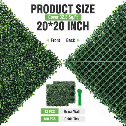 KASZOO 12 Pack 20"x20" Grass Wall Panels - Artificial Boxwood Panels for Greenery Wall Backdrop, Faux Greenery Grass Wall for Fence, Balcony, Patio, Home Decor, Outdoor Privacy Panels, 33 Sq. Ft.