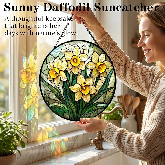 Birthday Gifts for Women - Yellow Daffodils Faux Stained Glass Window Hanging Sun Catcher for Door Garden Acrylic Decor Mother's Day Christmas for Mom Men Nana Grandma Sisters 9.8"