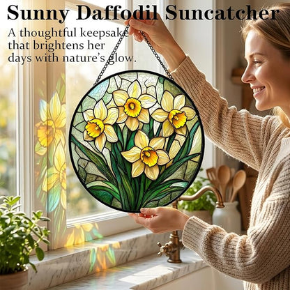 Birthday Gifts for Women - Yellow Daffodils Faux Stained Glass Window Hanging Sun Catcher for Door Garden Acrylic Decor Mother's Day Christmas for Mom Men Nana Grandma Sisters 9.8"