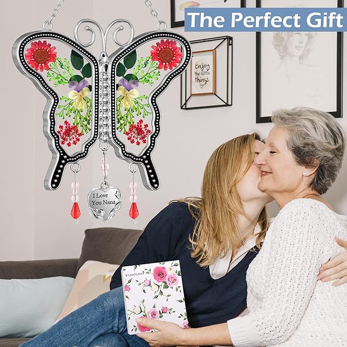 KY&BOSAM Suncatcher Butterfly Glass I Love You Nana Butterfly Suncatchers Ornament hangings for Windows Wind Chime with Pressed Flower Butterfly Embedded in Glass Mother`s Day Birthdays