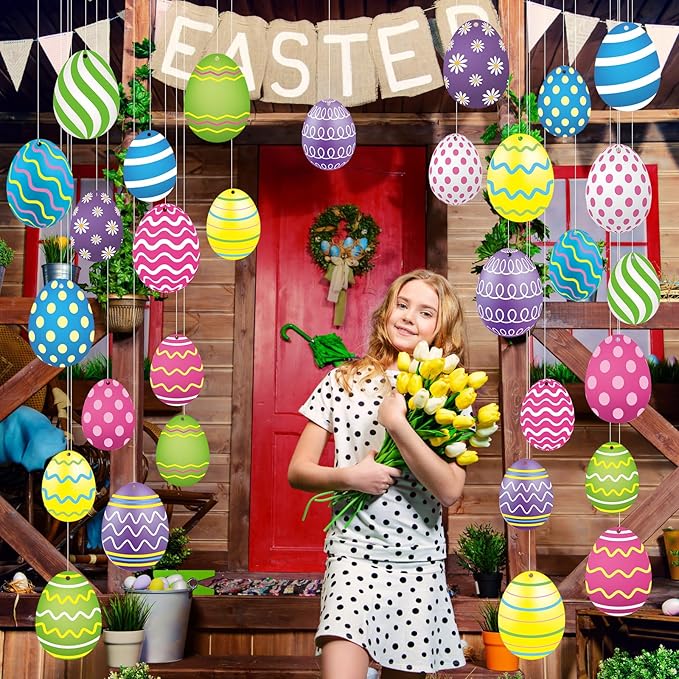 Yunlly 30 Pcs Easter Egg Decorations Outdoor Easter Tree Hanging Yard Signs 2 Size Colorful Egg Shaped Double Sided Plastic Slices Ornaments for Tree Porch Lawn Yard Outside Spring Party Decor