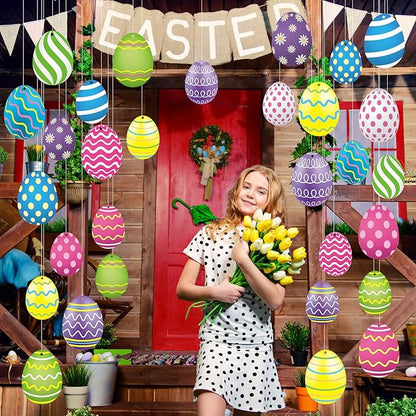 Yunlly 30 Pcs Easter Egg Decorations Outdoor Easter Tree Hanging Yard Signs 2 Size Colorful Egg Shaped Double Sided Plastic Slices Ornaments for Tree Porch Lawn Yard Outside Spring Party Decor