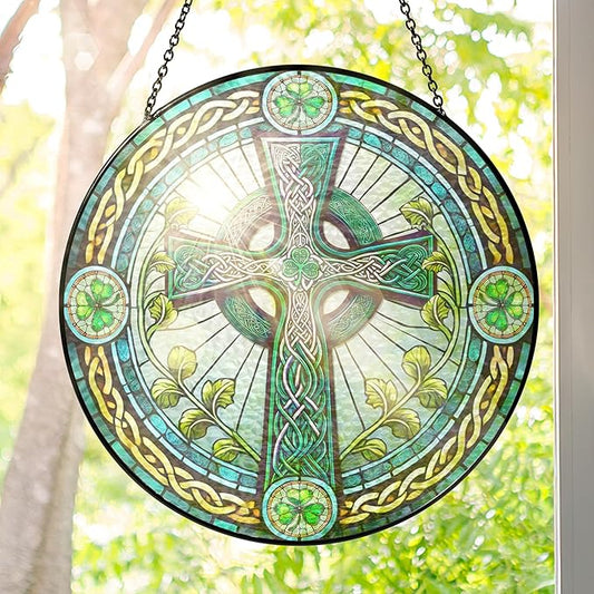FLAGWIX St Patricks Day Decorations - Stained Glass Hanging Suncatcher 10 in - Birthday Irish Decorations, Irish Gifts for Women Men, Celtic Cross Home Decor