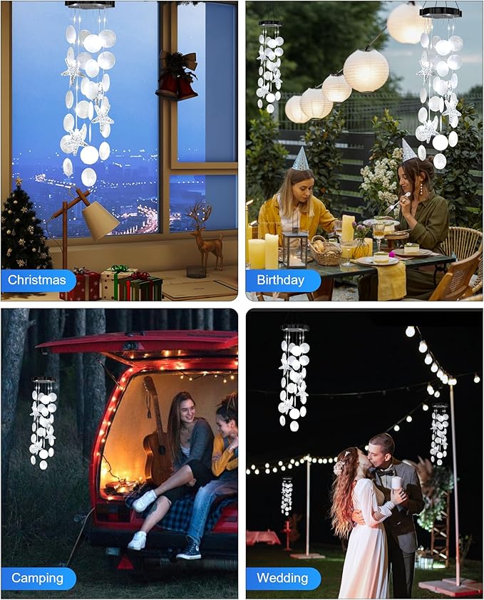 Solar Wind Chimes Decorative Lights for Outside, Shells Gifts for Mom Grandma Women Wife Girls, Hanging Solar Light for Holiday Garden Yard Window (White)