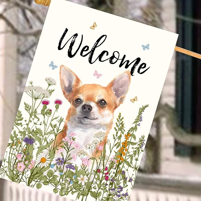 Floral Chihuahua Garden Flag Spring Summer House Flags 28 x 40 Double Sided Flower Dog Yard Flags for Outside Large Outdoor Welcome Flags