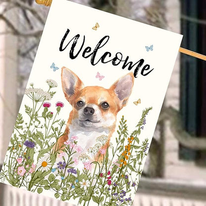Floral Chihuahua Garden Flag Spring Summer House Flags 28 x 40 Double Sided Flower Dog Yard Flags for Outside Large Outdoor Welcome Flags