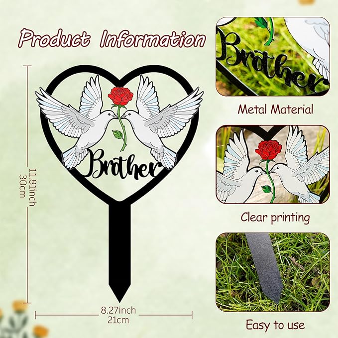 Brother Grave Decorations for Cemetery - Heart Metal Memorial Stake with Doves - Sturdy Waterproof Brother Remembrance Plaque - Graveside Burial Markers, Loss of Brother Gift(White Dove)