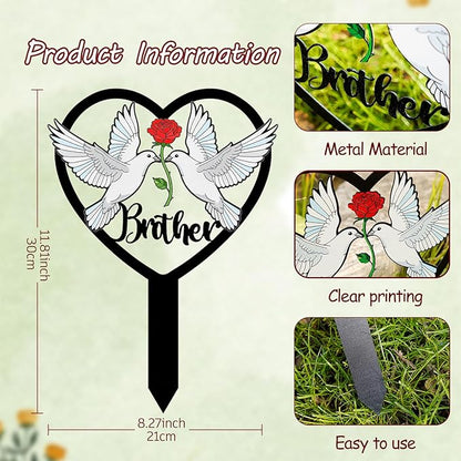 Brother Grave Decorations for Cemetery - Heart Metal Memorial Stake with Doves - Sturdy Waterproof Brother Remembrance Plaque - Graveside Burial Markers, Loss of Brother Gift(White Dove)