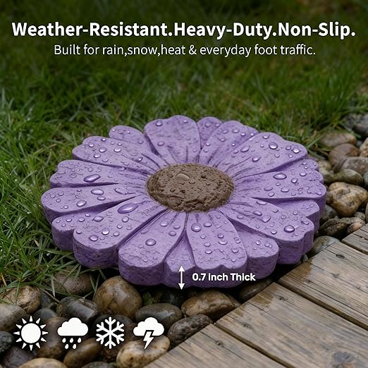 Landoraloria Cement Flower Stepping Stone 10” Daisy Garden Path Stone for Yard & Walkway Handcrafted Non-Slip Outdoor Patio Decor Weather-Resistant Cement Stone (Purple)