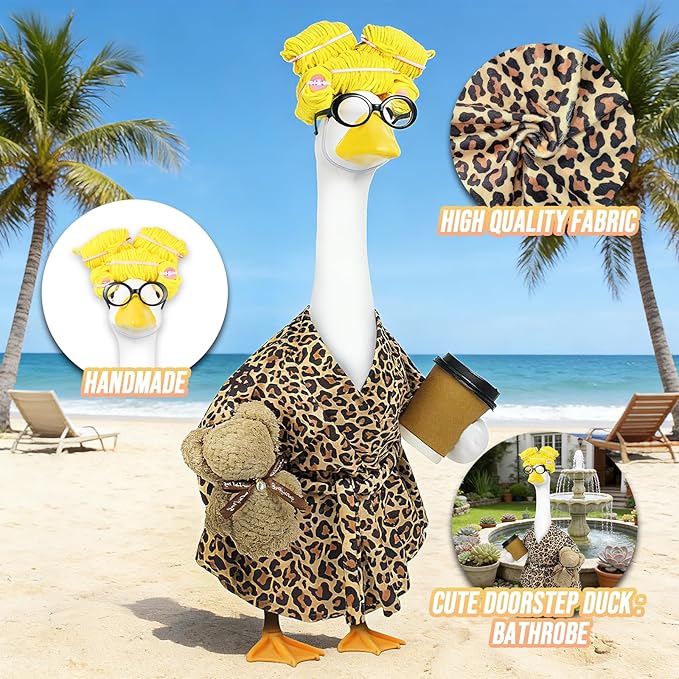 Lady Porch Goose Outfits,Bathrobe Porch Goose Statue Costume with Curlers Reading Glasses Coffee Cup Towel,Cute Goose Clothes for 23-Inch Cement Statue,Lawn Yard Garden Patio Decor（Leopard Print 01）