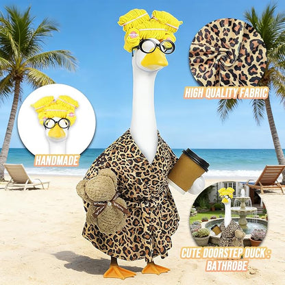 Lady Porch Goose Outfits,Bathrobe Porch Goose Statue Costume with Curlers Reading Glasses Coffee Cup Towel,Cute Goose Clothes for 23-Inch Cement Statue,Lawn Yard Garden Patio Decor（Leopard Print 01）