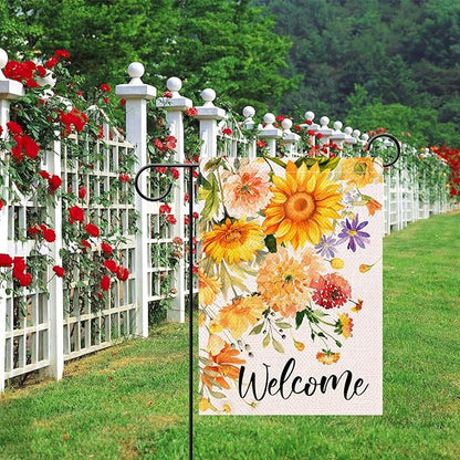 Artofy Welcome Spring Summer Flower Small Decorative Garden Flag, Watercolor Sunflower Daisy Floral Yard Lawn Outside Decor, Seasonal Burlap Outdoor Home Decoration Double Sided 12 x 18