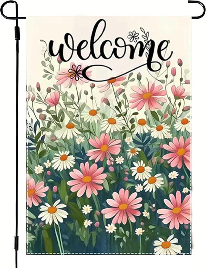 Welcome Spring Summer Daisy Garden Flag 12x18 Double Sided, Small Burlap Floral Garden Flags Summer Outdoor Decorations Yard Lawn Porch Flags for Outside Decor