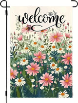 Welcome Spring Summer Daisy Garden Flag 12x18 Double Sided, Small Burlap Floral Garden Flags Summer Outdoor Decorations Yard Lawn Porch Flags for Outside Decor