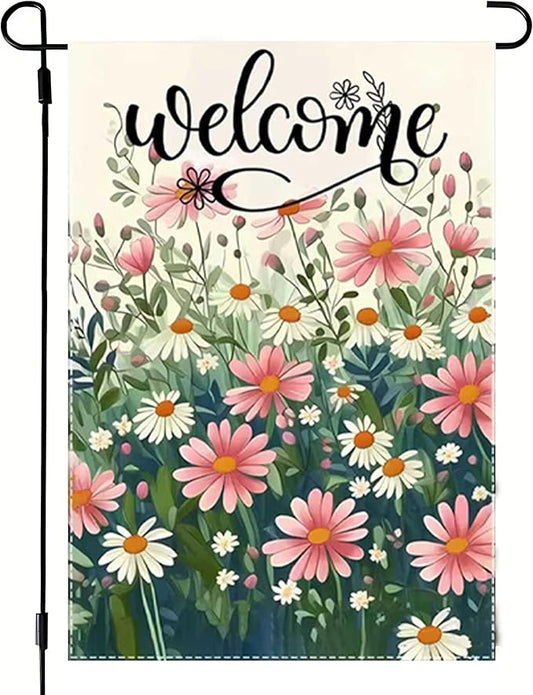 Welcome Spring Summer Daisy Garden Flag 12x18 Double Sided, Small Burlap Floral Garden Flags Summer Outdoor Decorations Yard Lawn Porch Flags for Outside Decor
