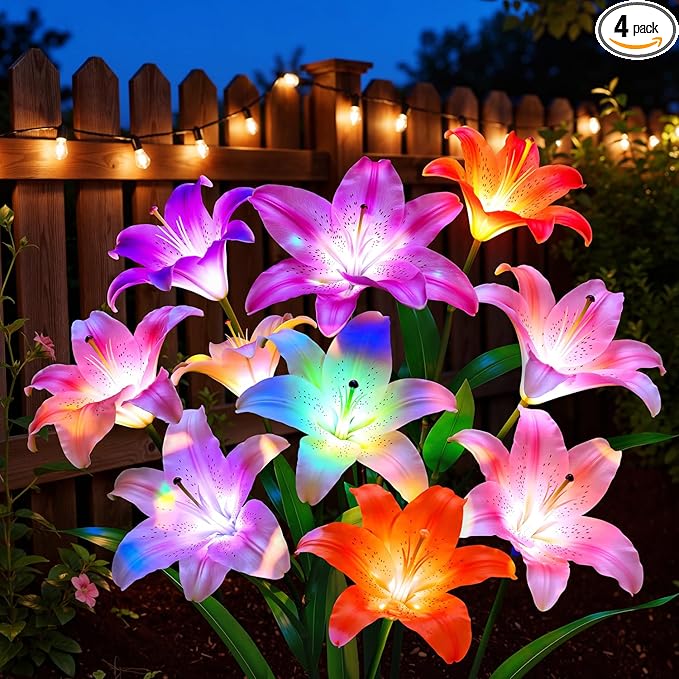 LETMY Solar Garden Lights, 4 Pack Solar Flower Lights with 6 Head Bigger Lily Lights, IP65 Waterproof Solar Lights Outdoor, Decorative Lights for Garden, Patio, Yard, Flower Bed
