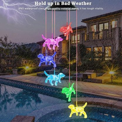 Solar Wind Chimes, Dog Wind Chimes Gifts for Mom Grandma Women Wife Girls, IP65 Waterproof Hanging Memorial Windchimes with 7 Color Changing LED Lights for Outside Garden Yard Decorations