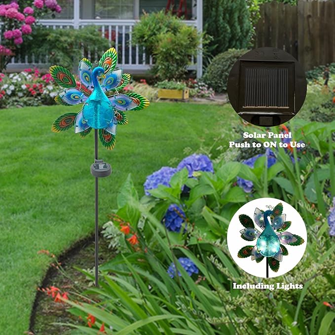 Peacock Wind Spinner Garden Decor, Solar Lighted Pathway Stake Yard Art Spinners, Wind Sculptures Garden Landscape Lights Decorations, Solar Powered Path Lights Kinetic Metal Wind Catcher for Outside