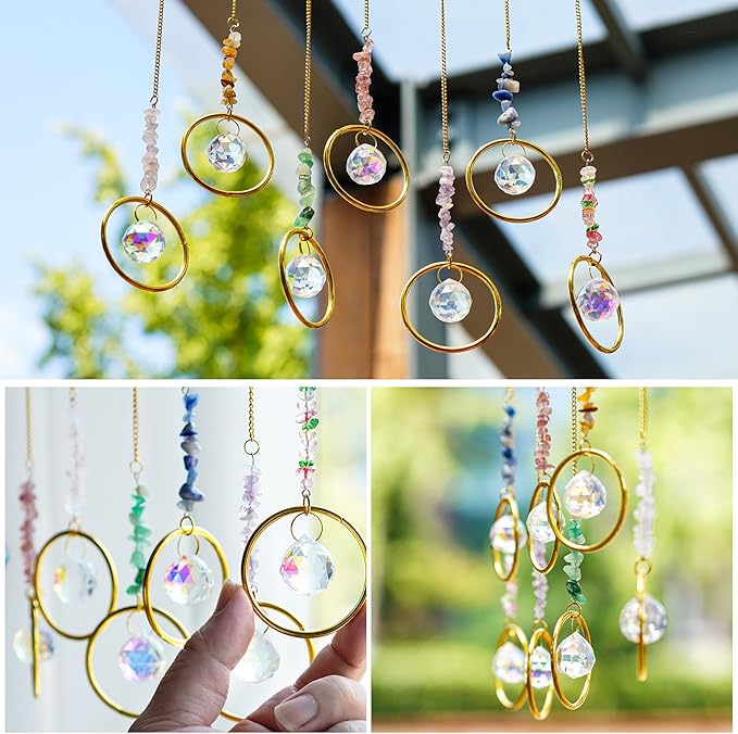 HDCRYSTALGIFTS 7PCS Crystal Suncatchers Rainbow Maker Healing Crystals for Window Prism Balls Indoor Outdoor Hanging Ornament Pendant Decor for Home, Garden, Wedding, Christmas Tree (12inch)