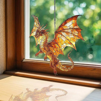 Fiery Mosaic Dragon Charm Acrylic Suncatcher Stained Glass Effect Window Car Hanging Christmas Ornament Indoor Outdoor Decor Garden Sun Catcher Panel for Dragon Lover for Women Mom Grandma