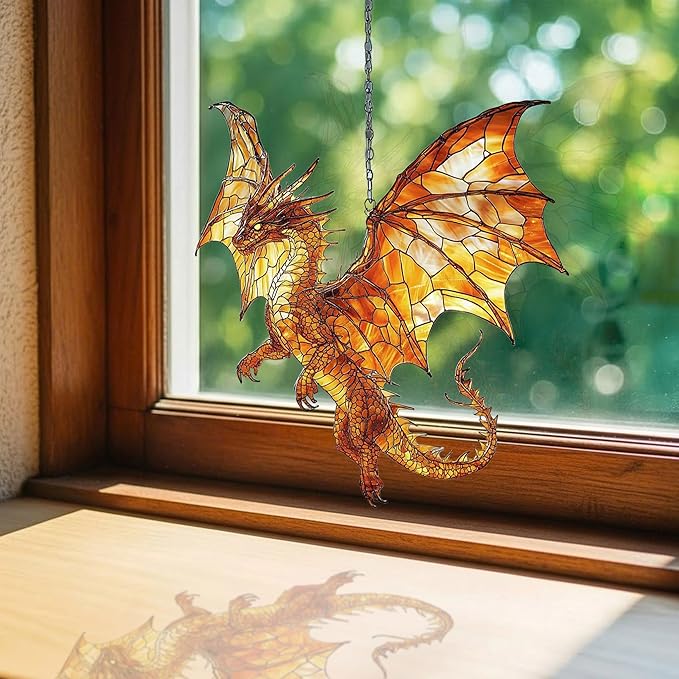 Fiery Mosaic Dragon Charm Acrylic Suncatcher Stained Glass Effect Window Car Hanging Christmas Ornament Indoor Outdoor Decor Garden Sun Catcher Panel for Dragon Lover for Women Mom Grandma
