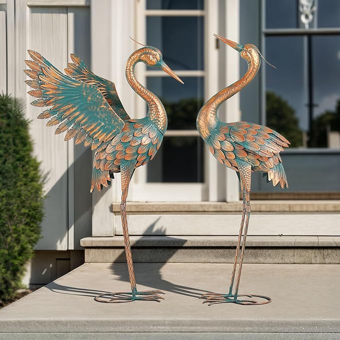 Extra-Large Metal Crane Statue, 36.8" Handcrafted Blue Heron Decor Sculptures with Stable U-Ground Stakes, Backyard Decoration, Metal Garden Bird Animal Yard Art, Lawn Ornament Decor