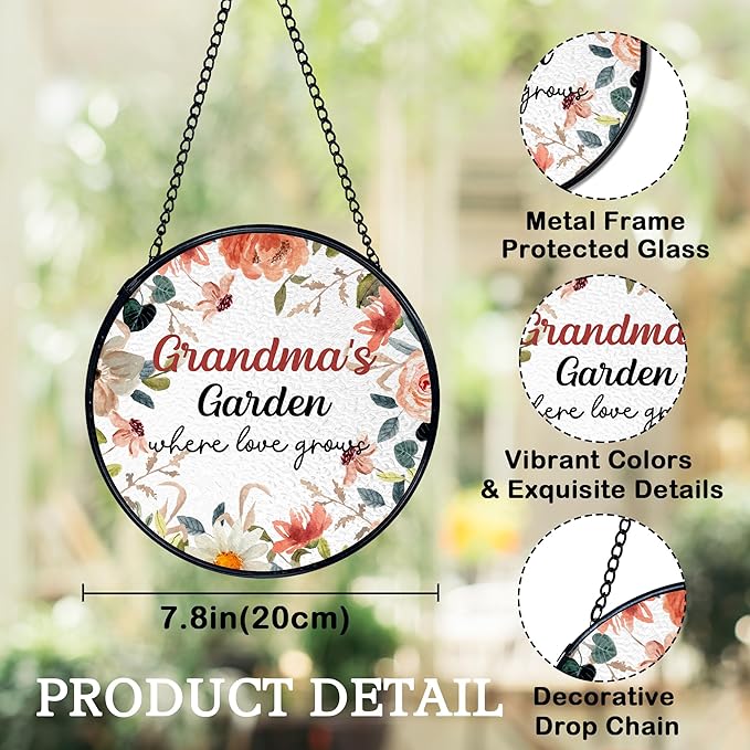 Grandma Garden Gifts Suncatchers Stained Glass Window Hanging, Grandmother Gifts for Mother's Day, Grandma's Garden Flower Sun Catchers Indoor Window, 7.9x7.9in